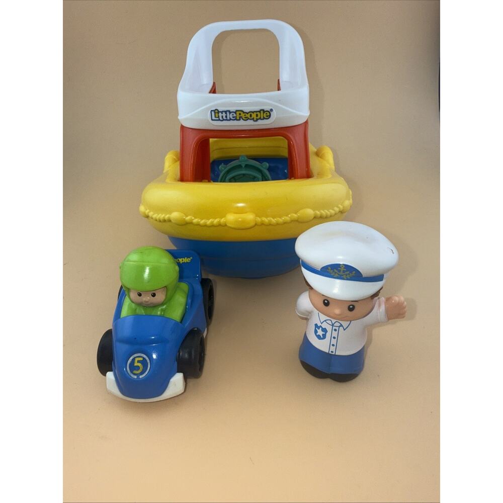 Lot Fisher Price Little People Floaty Tug Boat W/Captain And Car